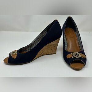 Womens Tommy Hilfiger Wedge Heels Navy Blue with Brown Accents